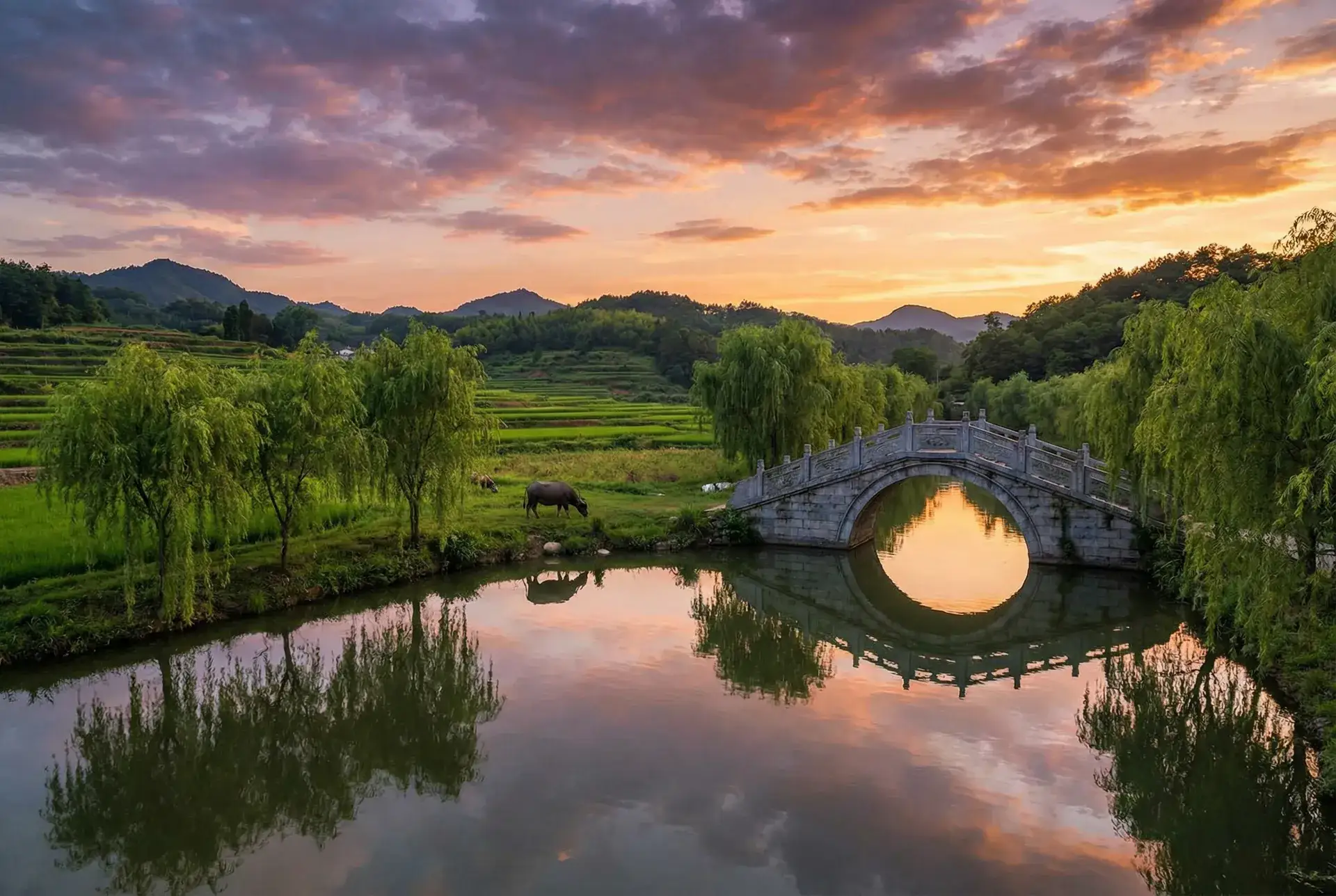 夕阳下的石拱桥与垂柳，水牛在河边吃草 - 幸福终点站高清下载 乡村美景